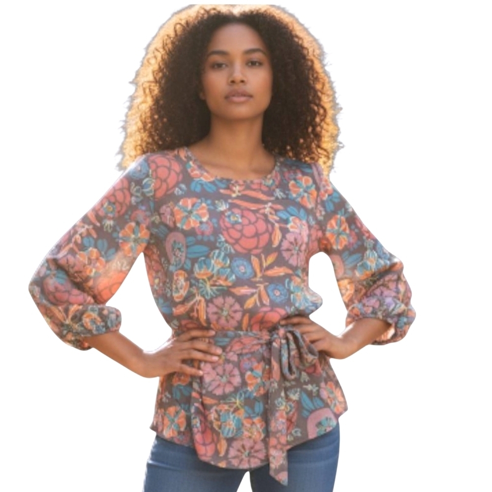 Matilda Jane Womens Boho Floral Jacquard  Top Sz Small Tie Waist 3/4 Sleeve Chic